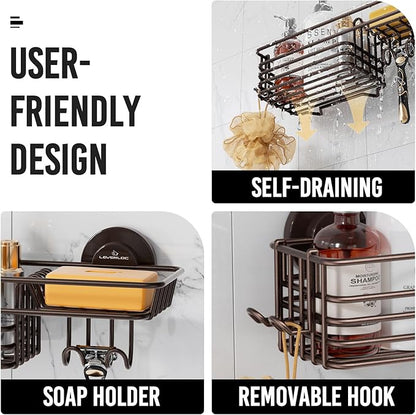 LEVERLOC Shower Caddy Suction Cup, 2 Pack Shelves for Inside with Hooks and Soap Organizer, NO-Drilling Bathroom Holder, Rust