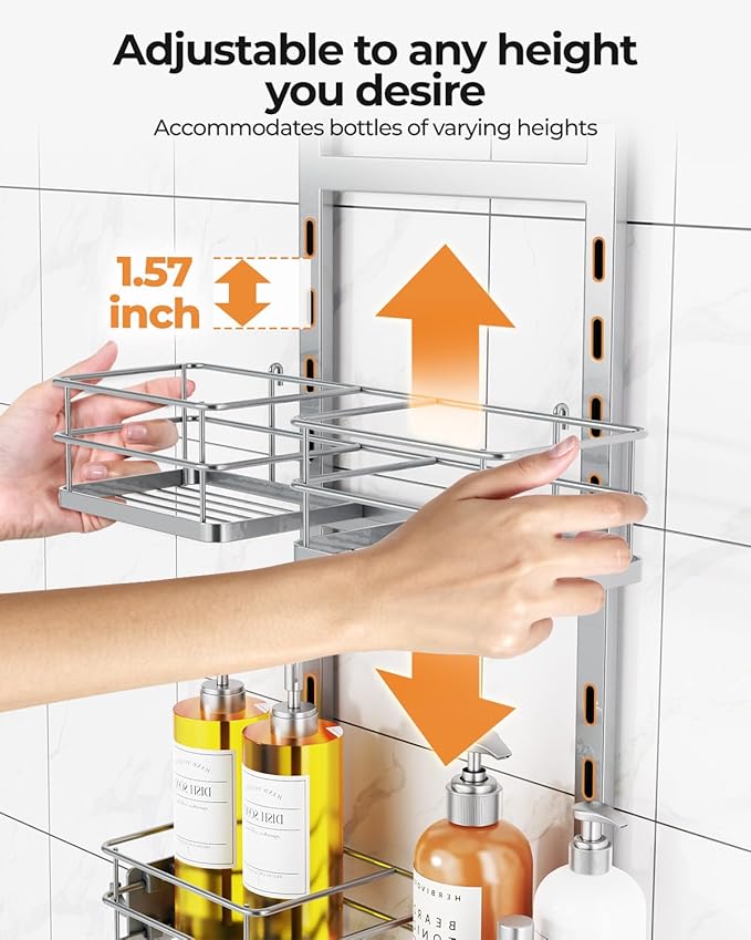 ODesign 2 Tier Height-Adjustable Shower Caddy Hanging Anti-Swing-Over The Shower Head Caddy-Storage Organizer Bathroom Shelve
