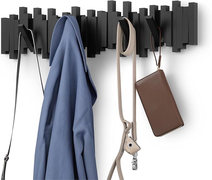 Umbra Sticks Wall-Mounted Coat Rack Rail Hook with 8 Retractable Pegs – Modern, Space-Saving Storage Organizer, Black