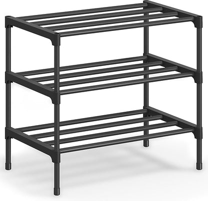 SONGMICS 3-Tier Shoe Rack for Closet, Compact Metal Shoe Organizer Shelf for Entryway, Bedroom, Small Spaces, Stackable, 11.8