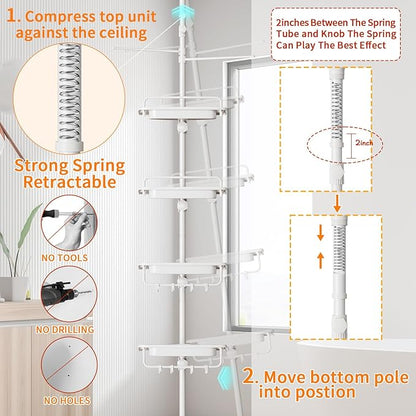 Upgrade Sturdy Shower Caddy Tension Pole Quick Installation Corner Shower Shelves 18/8 Stainless Steel Rustproof 4 Tier Adjus