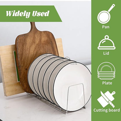 4 Pack Pot Lid Organizer for Cabinet with Plate Drying Rack, Stainless Steel Pot Lid Holder for Kitchen, Small Dish Drainer, Serving Trays Container, Counter Storage Shelf for Pans Pots Cutting Boards