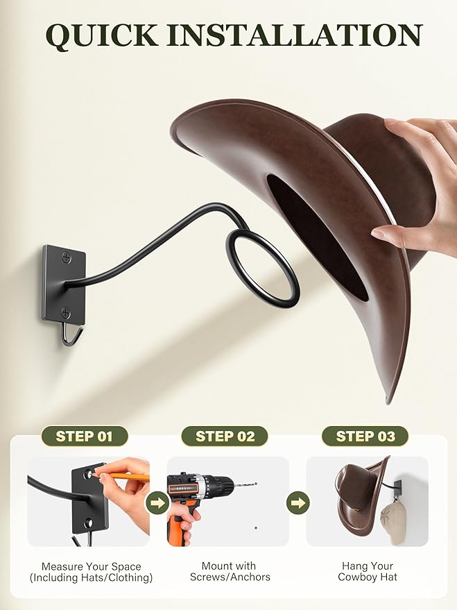 Cinati Cowboy Hat Rack for Wall 4 Pack, Cowboy Hat Holder Wall Mount, Western Rustic Metal Hats Hanger Hooks Organizer for Fe