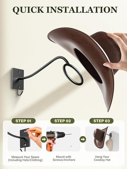 Cinati Cowboy Hat Rack for Wall 4 Pack, Cowboy Hat Holder Wall Mount, Western Rustic Metal Hats Hanger Hooks Organizer for Fe