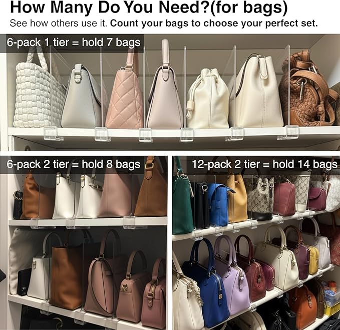Shelf Dividers Purse Organizer for Closet: 6-inch Tall(Shorter Version) Acrylic Handbag Organizer - Small Space Separator for