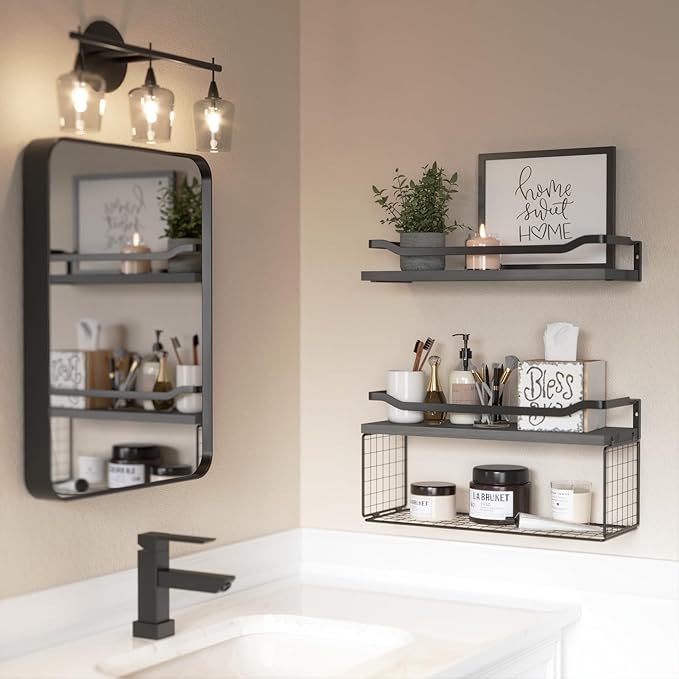 WOPITUES Floating Shelves with Wire Storage Basket, Bathroom Shelves Over Toilet with Protective Metal Guardrail, Wood Wall S