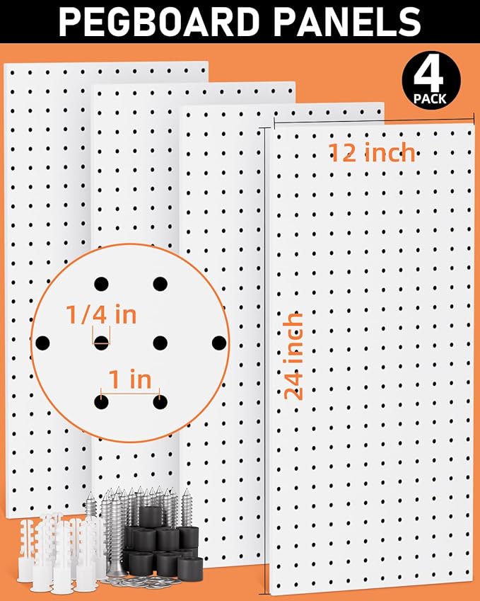 INCLY 158PCS Metal Pegboard Wall Organizer, 48x24 Inch White Pegboard Panels Tool Organizer Kit with Accessories Hooks and Bi