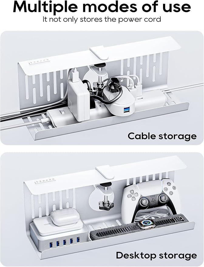 NODOCA No Drill Under Desk Cable Management Tray, 14'' Wire Management, Punch-Free Clamp on, Metal Cable Tray, Wire Organizer