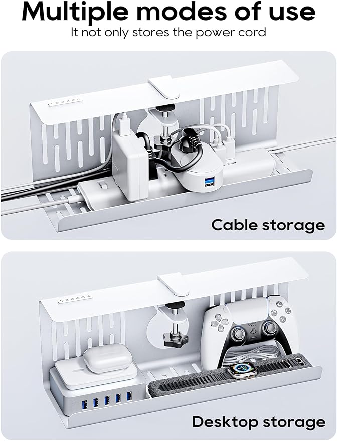 NODOCA No Drill Under Desk Cable Management Tray, 14'' Wire Management, Punch-Free Clamp on, Metal Cable Tray, Wire Organizer