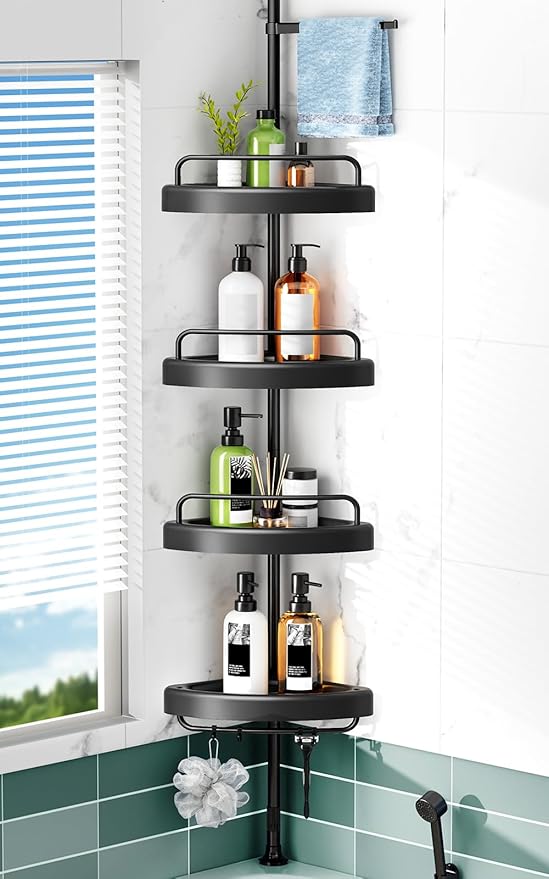 HAMITOR Corner Shower Caddy Tension Pole: 4 Tier Shampoo Storage Organizer for Inside Shower - Telescoping Rod Shower Rack fo
