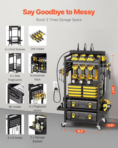 VEVOR 5-Tier Tool Organizer Cart with Charging Station, 8 AC Outlet, Floor Stand Rolling Drill Holder and Tool Battery Storag