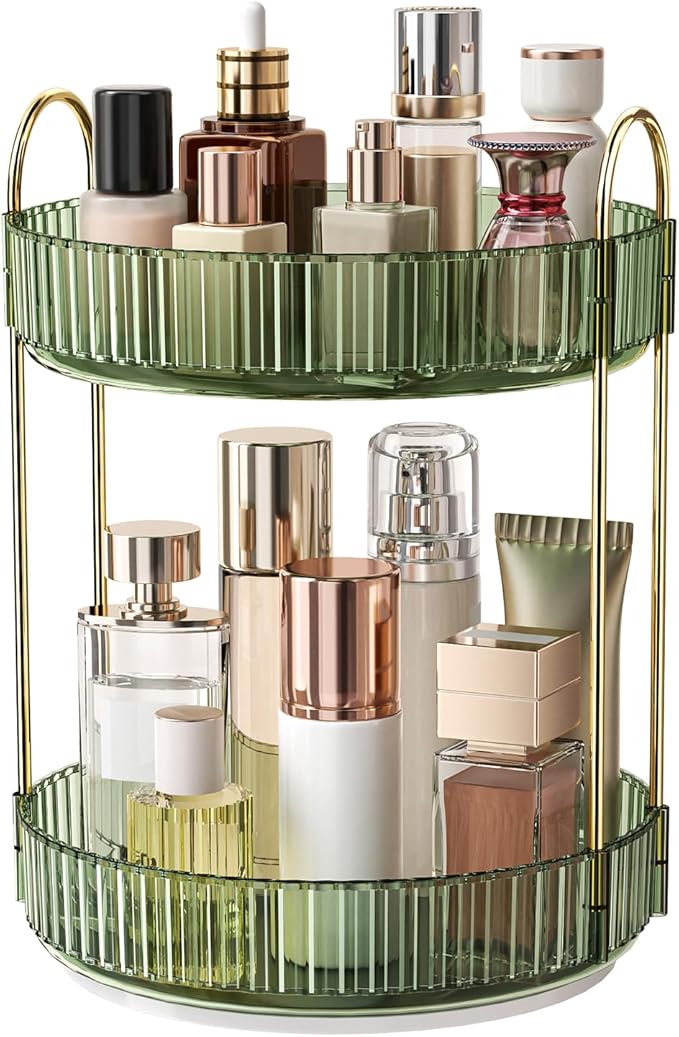 360° Rotating Makeup Organizer, Large Capacity Skincare Organizer, 2 Tier Cosmetic Skin Care Perfume Dresser Organizer, Fits 