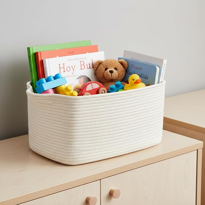 R RUNKA Cotton Rope Storage Basket 15"x10"x9" – Fabric Storage Bins for Organizing Clothes,Toys,Blankets – Durable Woven Stor