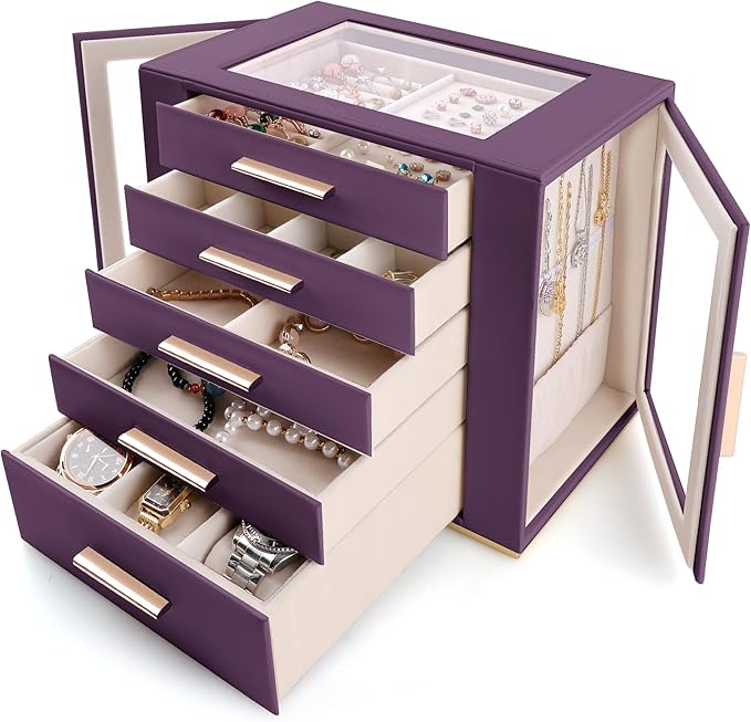Homeanda Jewelry Box for Women with Glass Lid, 5 Drawers Jewelry Organizer and Storage for Necklaces, Rings, Earrings, Bracel