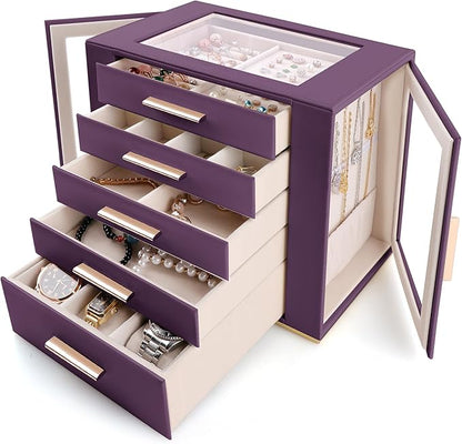 Homeanda Jewelry Box for Women with Glass Lid, 5 Drawers Jewelry Organizer and Storage for Necklaces, Rings, Earrings, Bracel