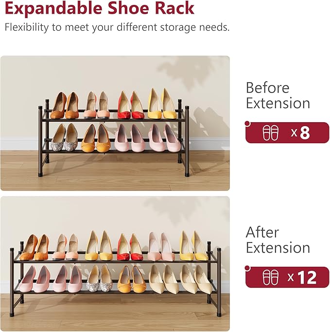 Tajsoon 2 Tier Expandable Shoe Rack for Closet, 28“-41“Adjustable & Stackable Shoe Shelf Storage, Metal Shoe Rack Organizer f