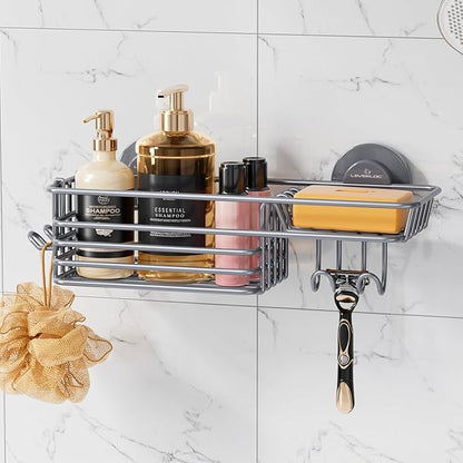 LEVERLOC Shower Caddy Suction Cup, Heavy Duty Bathroom Organizer for Inside Shower with Hooks & Soap Holder， NO-Drilling Bath