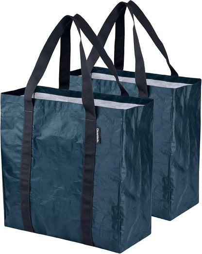CleverMade Tall Frakta Reusable Grocery Tote - 42L - Pack of 2 - Ocean Blue - Collapsible Storage Shopping Organizer - Heavy 