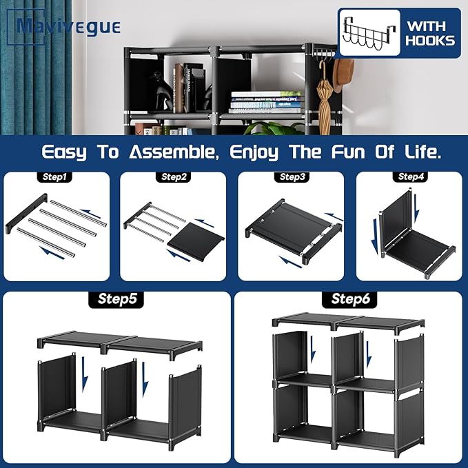 Mavivegue Bookcases: Black Cube Book Shelf, 10 Cube Tall Storage Organizer for Bedroom, Living Room & Office