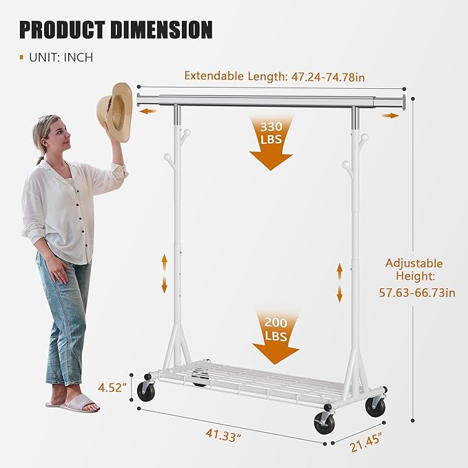 Gewudraw Heavy Duty Clothes Rack, 530 lbs Load Capacity Metal Garment Rack on Wheels - Collapsible Adjustable Portable Storag