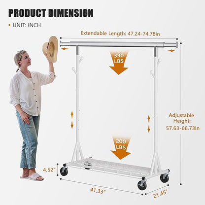 Gewudraw Heavy Duty Clothes Rack, 530 lbs Load Capacity Metal Garment Rack on Wheels - Collapsible Adjustable Portable Storag