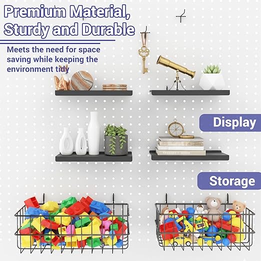 26PCS Peg Board Organizer Accessories Kit, Assortment 2PCS Wire Baskets, 4PCS Shelves, 20PCS Hooks for 1/4” and 3/16” Pegboar