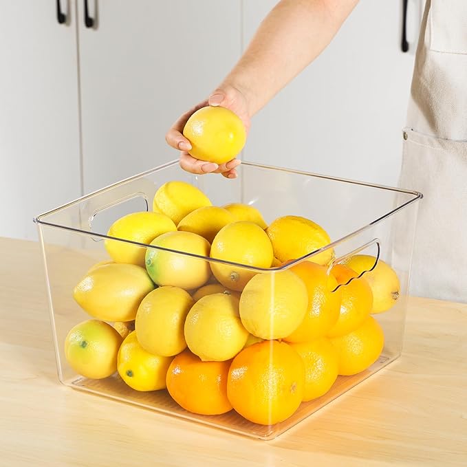 Vtopmart 4 Pack Extra Large Clear Plastic Storage Bins,11x11 Cube Acrylic Organizer Square Containers with Handle for Pantry,