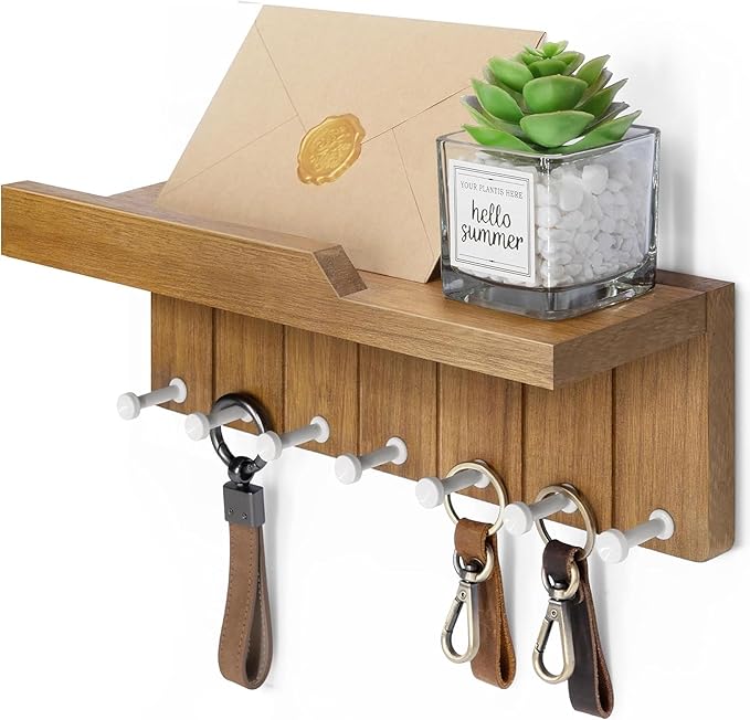 Rebee Vision Decorative Key Holder Wall Mount - Modern Farmhouse Key and Mail Holder for Wall with 7 Hooks and Floating Shelf
