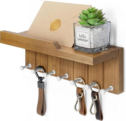 Rebee Vision Decorative Key Holder Wall Mount - Modern Farmhouse Key and Mail Holder for Wall with 7 Hooks and Floating Shelf