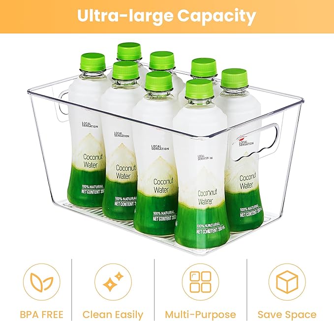 YIHONG 6 Pack Clear Pantry Organizer Bins, Plastic Containers with Handle for Kitchen,Freezer,Cabinet,Closet,Bathroom Under S