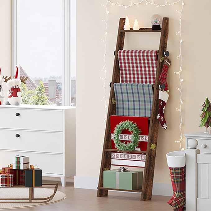 Hzuaneri Blanket Ladder for Living Room, Decorative Quilt Rack with 4 Removable Hooks, 6-Tier Blanket Ladder Shelf for Bedroo