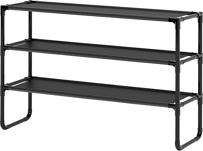 Long Shoe Rack, 3-Tier Stackable Shoe Organizer for Closet, Entryway, Hallway, Extra Bottom Layer, Holds 16-20 Pairs, Sturdy 