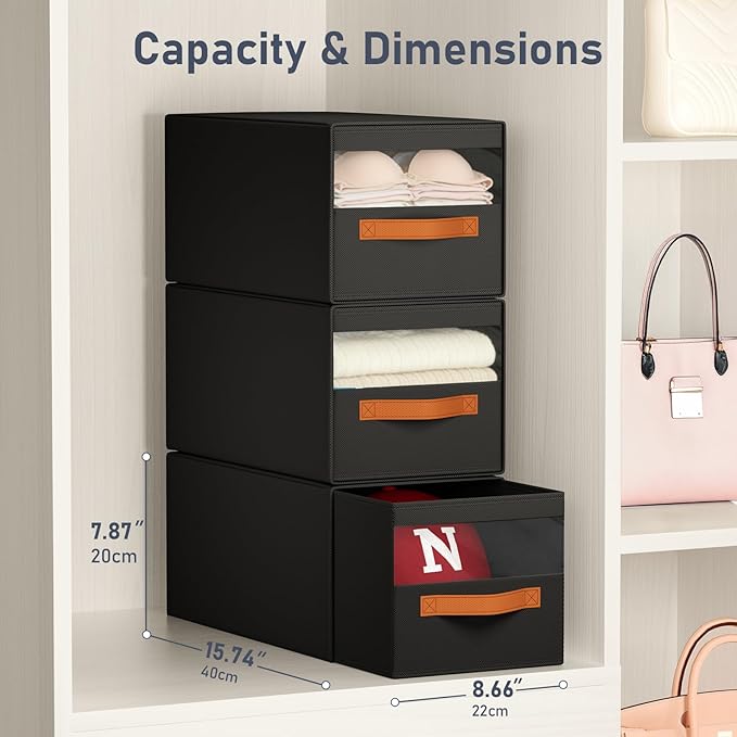 DIMJ Closet Organizers and Storage - Fabric Bins with Drawers for Closet Foldable Clothes Organizers with Clear Window, Stack