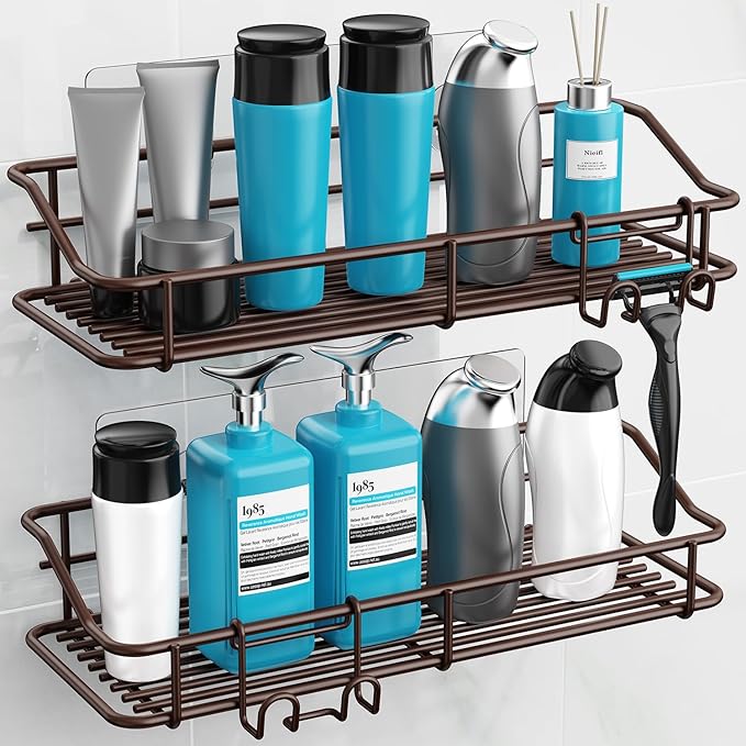Nieifi Shower Caddy Shelf Storage Rack Adhesive Without Drilling Stainless Steel with Hooks for Washroom, Lavatory, Restroom,