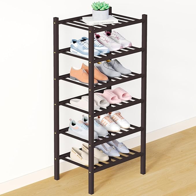 Smiry Bamboo Shoe Rack for Closet, 6 Tier Small Wooden Stackable Shoe Organizer, Free Standing Shoes Storage Shelf for Entryw