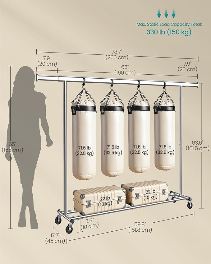 SONGMICS Cabideiro com Rodas, Suporte Resistente para Roupas, Arara Portátil com Barra Extensível, Capacidade de Carga 150 kg