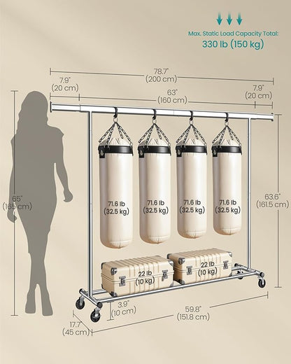 SONGMICS Cabideiro com Rodas, Suporte Resistente para Roupas, Arara Portátil com Barra Extensível, Capacidade de Carga 150 kg