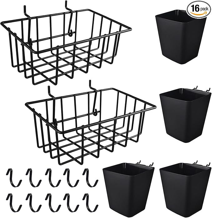 G.CORE Pegboard Bins Baskets Organizer with Peg Board Hooks Cups - 16 Pack Peg Accessories Fit 1/8" & 1/4" Pegs - Black Holde