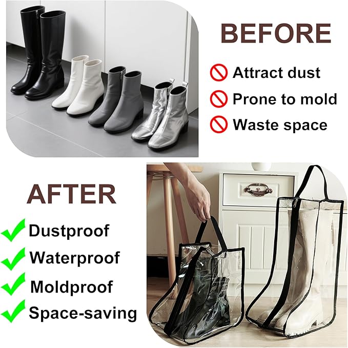 Clear Boot Bags for Cowboy Boots Tall Boot Storage Organizer with Handle Transparent Shoe Dust Covers for Travel Riding Leather & Snow Boots (White-4Big)