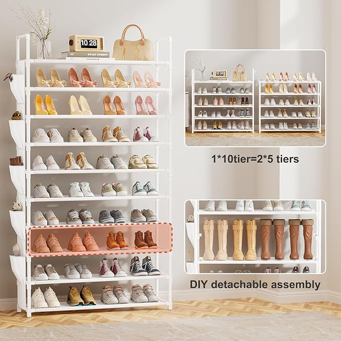 LUKYTOWER Tall Shoe Rack 10 Tier Shoe Racks Organizer for Closet 40-45Pairs,Large Capacity Storage Rack for Shoes with 5Hooks