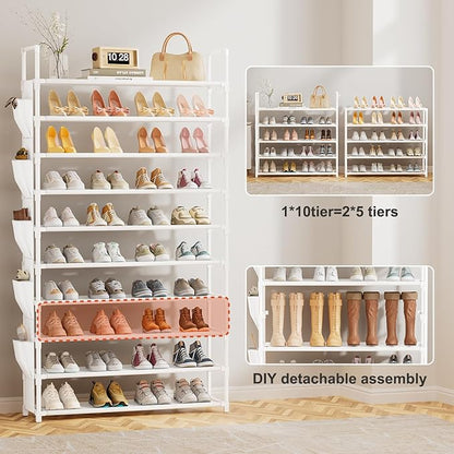 LUKYTOWER Tall Shoe Rack 10 Tier Shoe Racks Organizer for Closet 40-45Pairs,Large Capacity Storage Rack for Shoes with 5Hooks