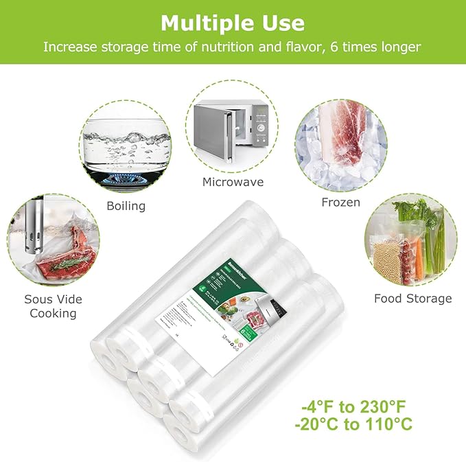 Bonsenkitchen Vacuum Sealer Rolls Bags, 6 Pack 3 Rolls 11" x 20' + 3 Rolls 8" x 20' Commercial Grade BPA Free Bag Rolls, Dura
