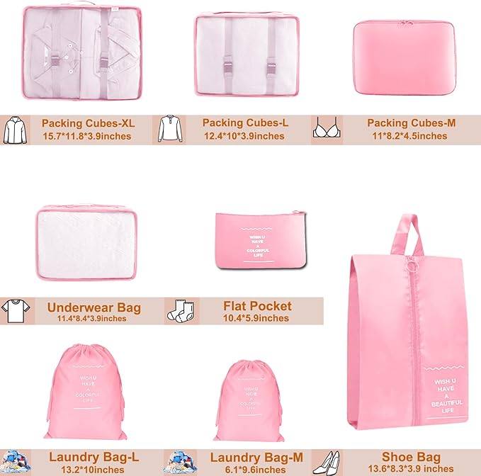 8 Set Packing Cubes for Suitcase, Packing Cubes for Carry on Suitcases, Luggage Organizer for Travel Essentials, Large Mesh L