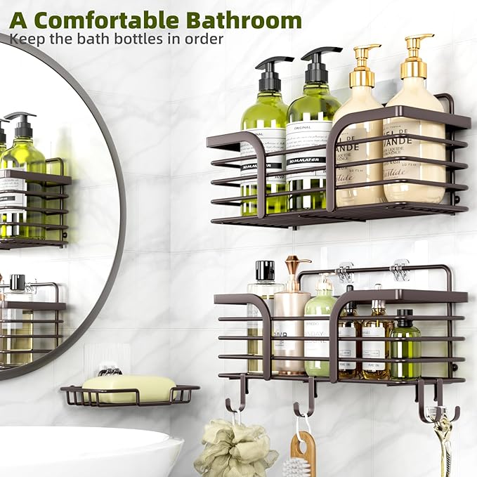 Yougai Shower Caddy, Shower Organizer with Soap Holder and Hooks, Rustproof Shower Shelves, No Drilling Bathroom Organizers a
