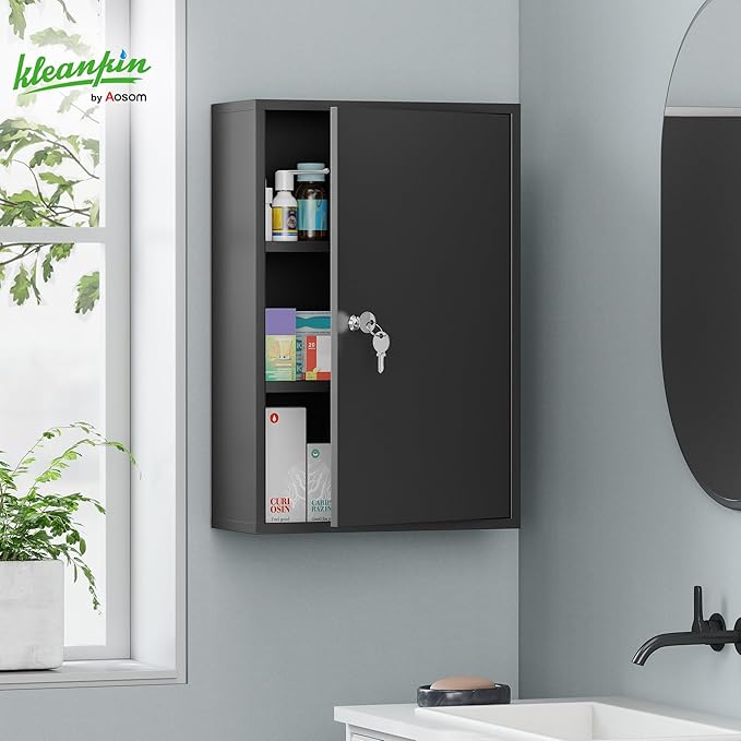 kleankin Steel Wall Mount Medicine Cabinet 3 Tier Emergency Box for Bathroom Kitchen, Lockable with 2 Keys, Black