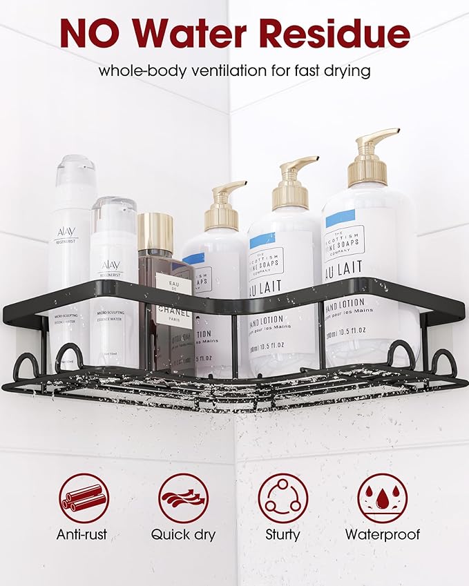 Sakugi Corner Shower Caddy - 2 Pack, Adhesive Shower Organizers, Rustproof Stainless Steel Shower Shelves with 8 Hooks, No Dr