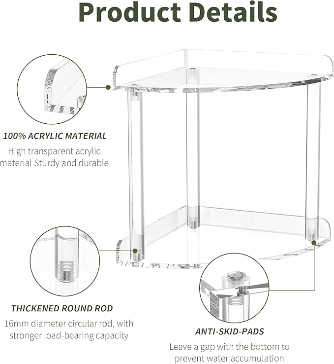 Sezanrpt 2 Tier Countertop Corner Organizer Shelf 7x7x8 Inch, Acrylic Bathroom Organizer Corner Shelf for Countertop, Clear V