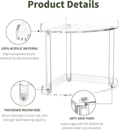 Sezanrpt 2 Tier Countertop Corner Organizer Shelf 7x7x8 Inch, Acrylic Bathroom Organizer Corner Shelf for Countertop, Clear V