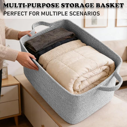 65L Large Blanket Basket,21"x16"x12" Rectangle Storage Bin with Handles,Woven Rope Laundry Basket for Toys, Clothes,Pillows,M
