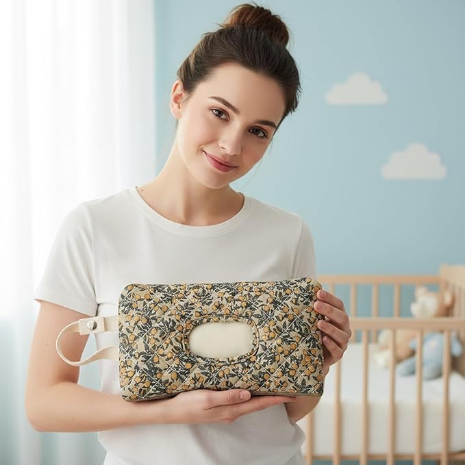 Quilted Baby Wipe Holder Quilted Wipe Pouch Portable Hanging Floral Wet Wipes Bag for Car, Stroller